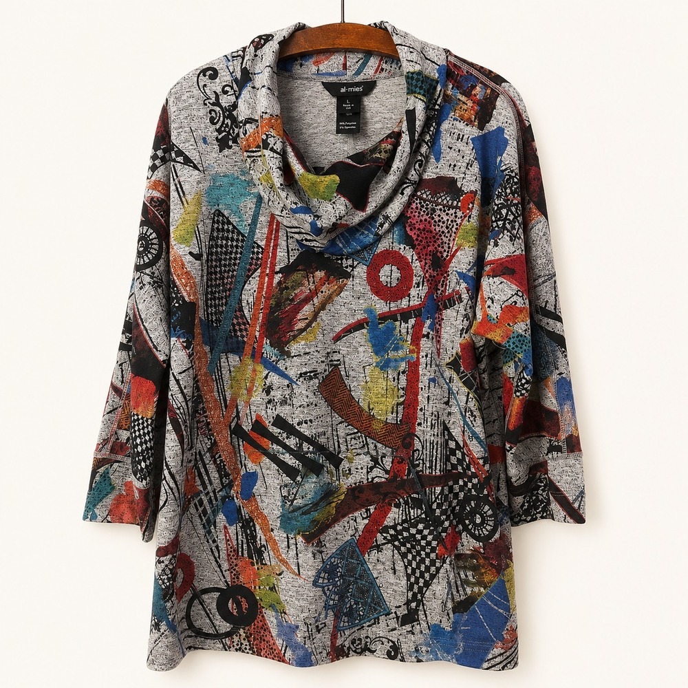 Ali Miles Sweater Size L Cowl Neck Knit Pocket Abstract Art Lagenlook